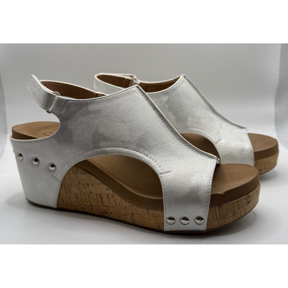 Corkys Carley Silver Metallic Studded Cork Wedge Platform Sandals Womens 7